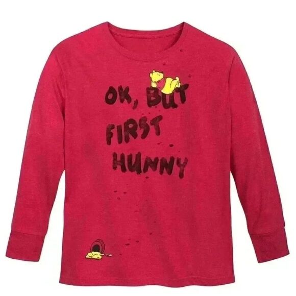 Disney Girl's Red Cotton/Poly Winnie the Pooh Hunny Crew Neck Long Sleeve T-shir - Picture 1 of 10